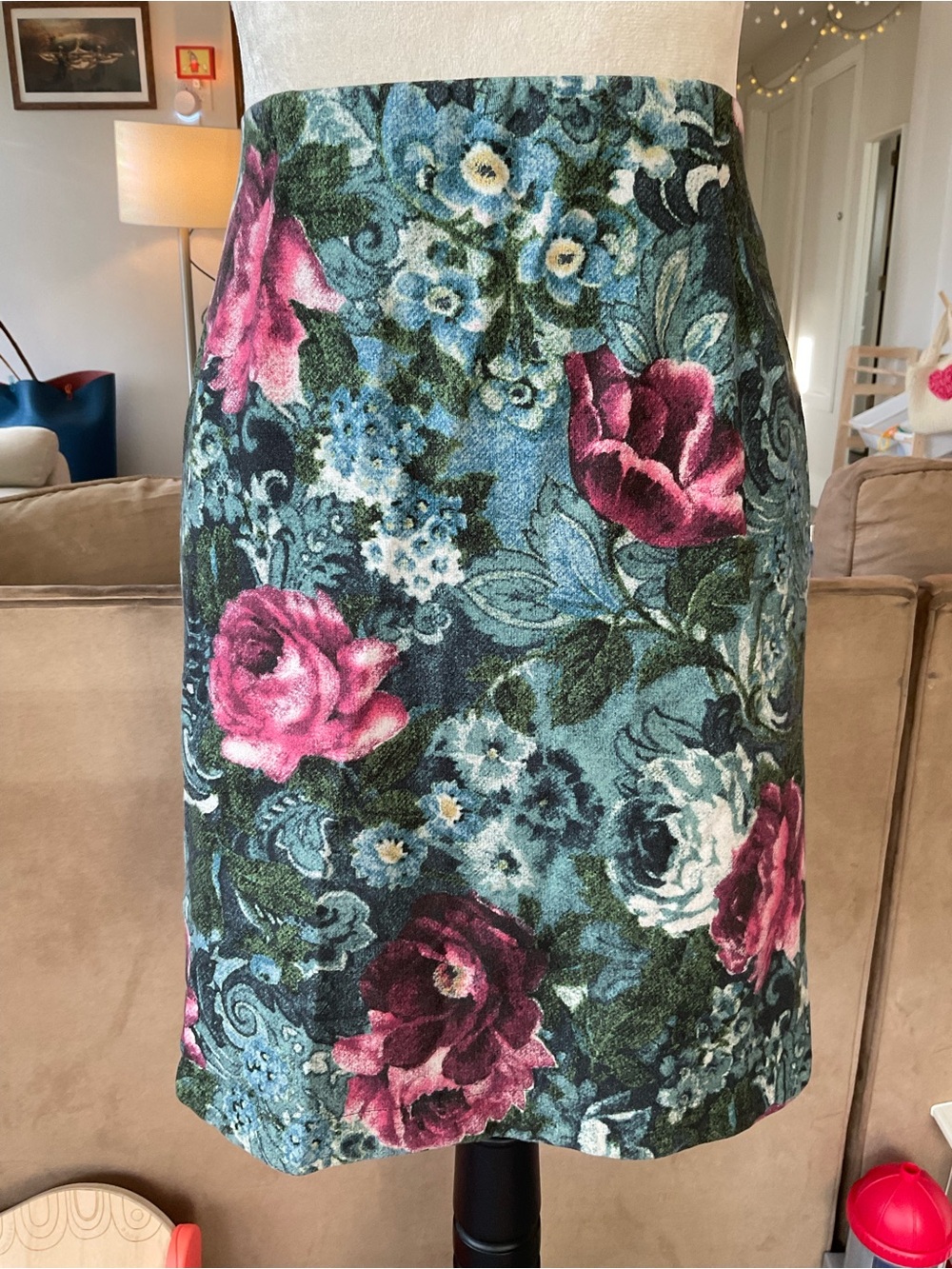 J. Jill Teal Floral Jacquard Pencil Skirt with Pink Rose Accents